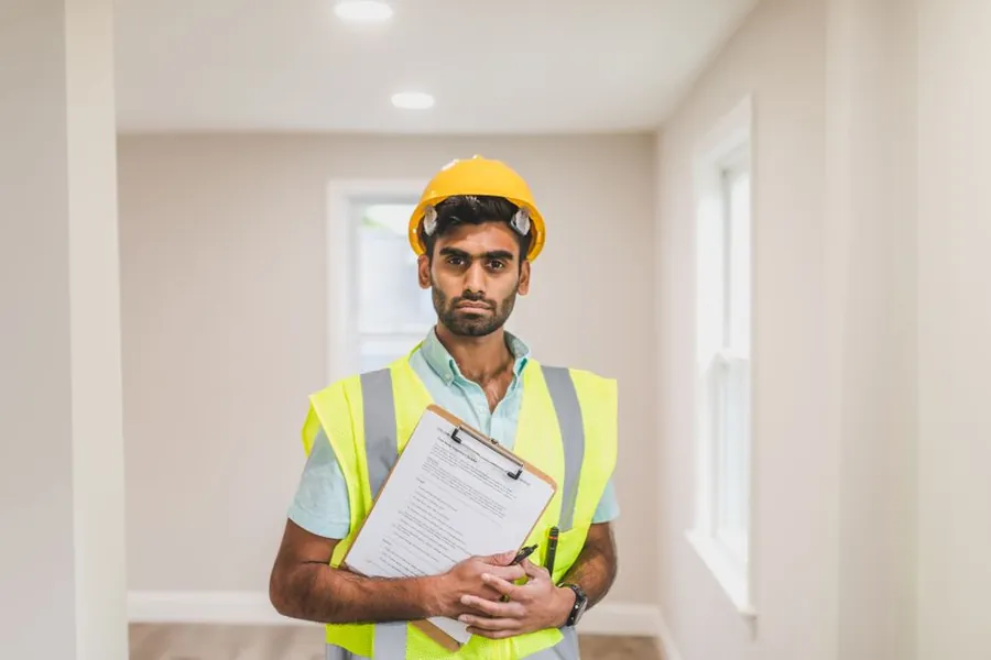 Inspector with a clipboard checking work for building control sign-off