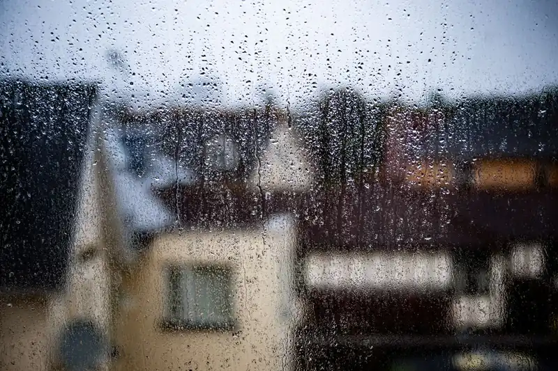 Rain running down conservatory glass on a grey winter day in Devon