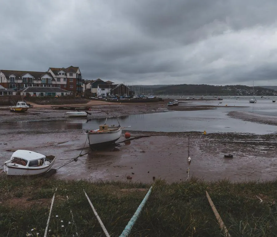 Grey estuary at low tide with small boats on the mud and waterfront houses beyond, conditions like those facing Topsham's riverside windows