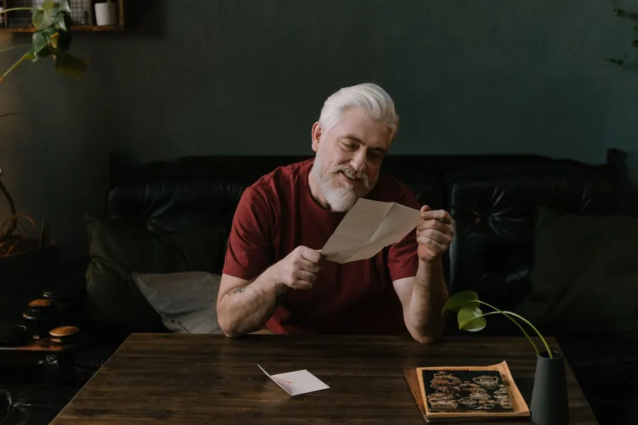 Older homeowner at a table reading through the certificate that arrived after new windows were fitted at his Teignmouth house