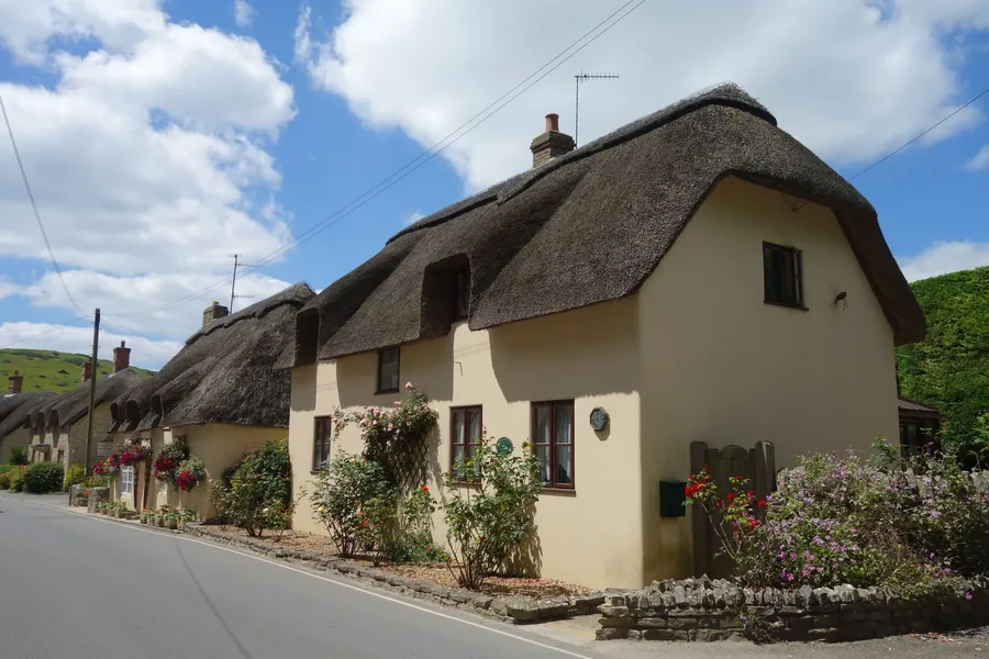 Cream rendered cob cottages under thatch with small dark casement windows on a village lane, typical of older houses around Ottery St Mary