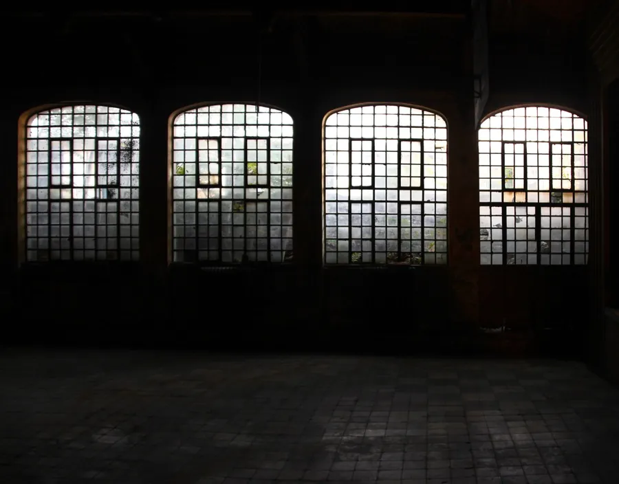 Arched multi-pane industrial windows in steel frames seen from inside a dark hall, the heritage steel glazing that Crittall-style windows copy