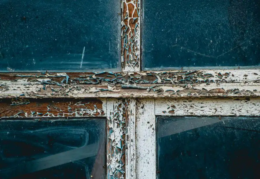 Close view of an old timber window frame with cracked and peeling paint, the kind of weathered joinery assessed on Topsham surveys