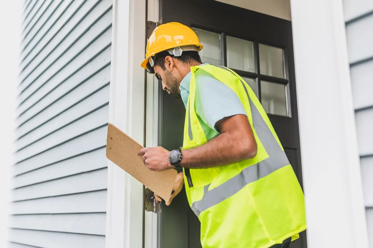Window installer with clipboard conducting a survey at an Exeter property