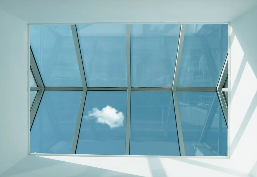 Interior view of glass roof structure on Exeter extension flooding room with light