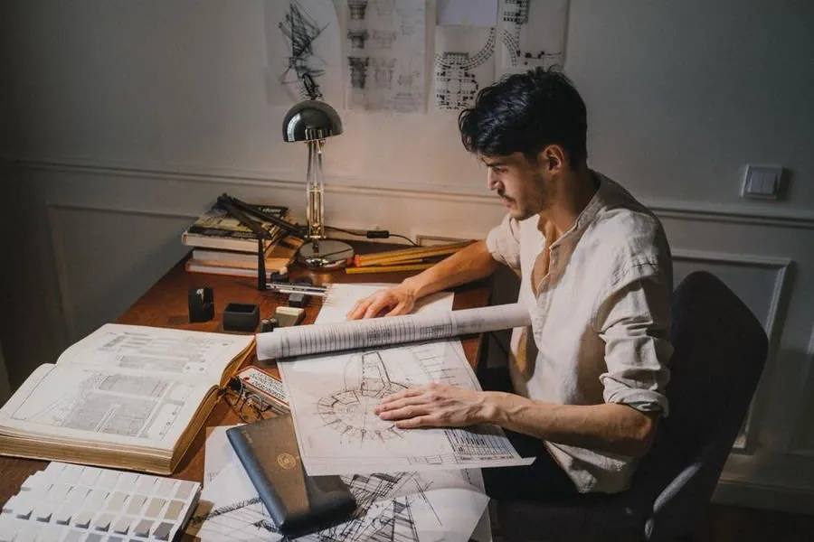 Technical drawings and window specification plans laid out on a desk